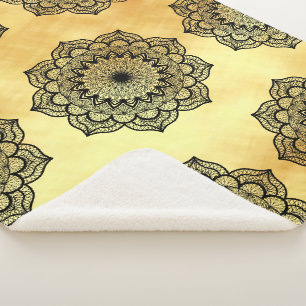 Black Mandala on Soft Gold Background Sherpa Blanket
