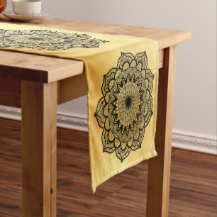 Black Mandala on Soft Gold Background Short Table Runner
