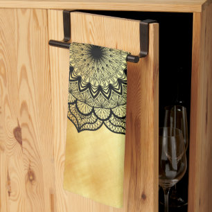 Black Mandala on Soft Gold Background Tea Towel