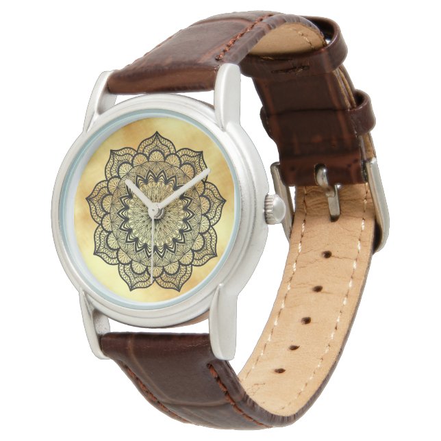 Black Mandala on Soft Gold Background Watch (Angled)