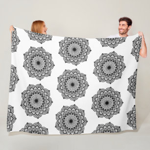 Black Mandala on White Background Fleece Blanket