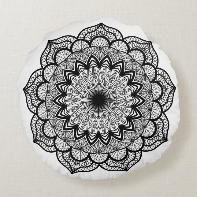 Black Mandala on White Background Round Cushion (Back)