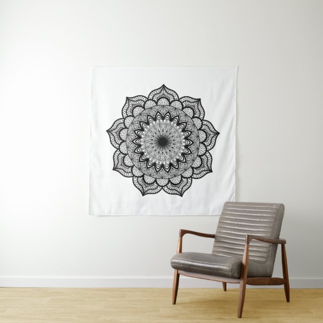 Black Mandala on White Background Tapestry (In Situ)