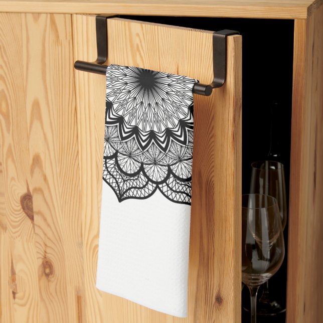 Black Mandala on White Background Tea Towel (Thirds Fold)