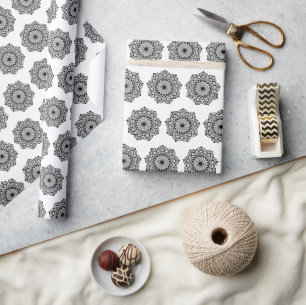 Black Mandala on White Background Wrapping Paper