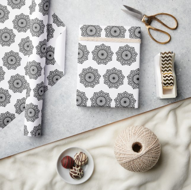 Black Mandala on White Background Wrapping Paper (Crafts)