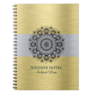 Black mandala over metallic gold & silver notebook