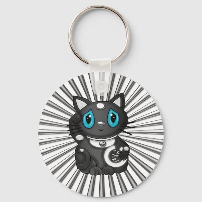 Black Maneki Neko Good Luck Cat Key Ring (Front)