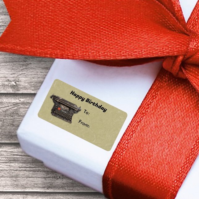Black Manual Typewriter on Tan Writer Birthday Label (Black manual vintage typewriter Happy Birthday tan gift sticker tag.)