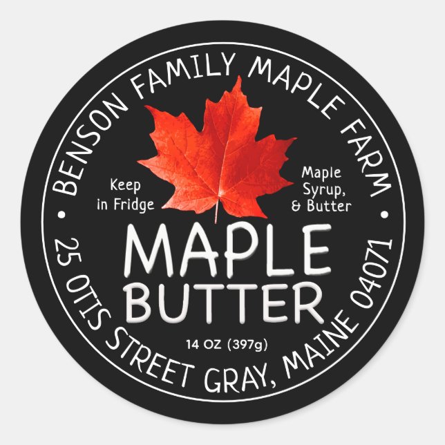 Black Maple Butter Label with Red Sugar Maple Leaf (Front)