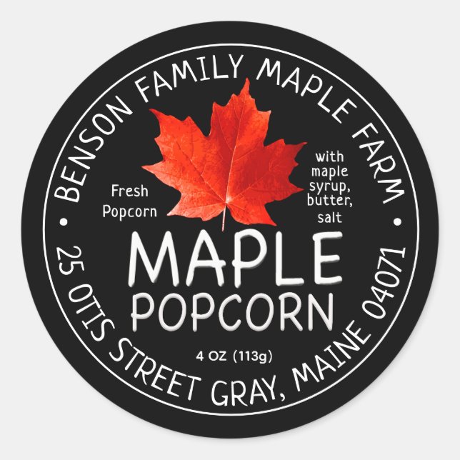Black Maple Popcorn with Red Sugar Maple Leaf Classic Round Sticker (Front)