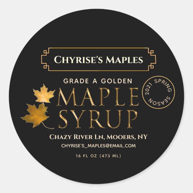 Black Maple Syrup Label with Leaf and Date (Front)