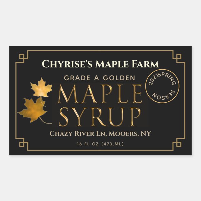 Black Maple Syrup Label with Leaf and Date (Front)