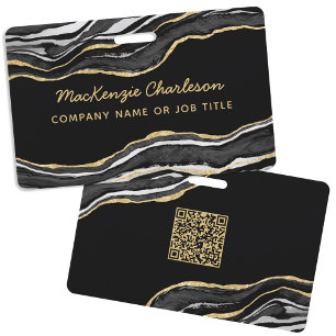 Black Marble Agate Geode Business QR Code Name ID Badge