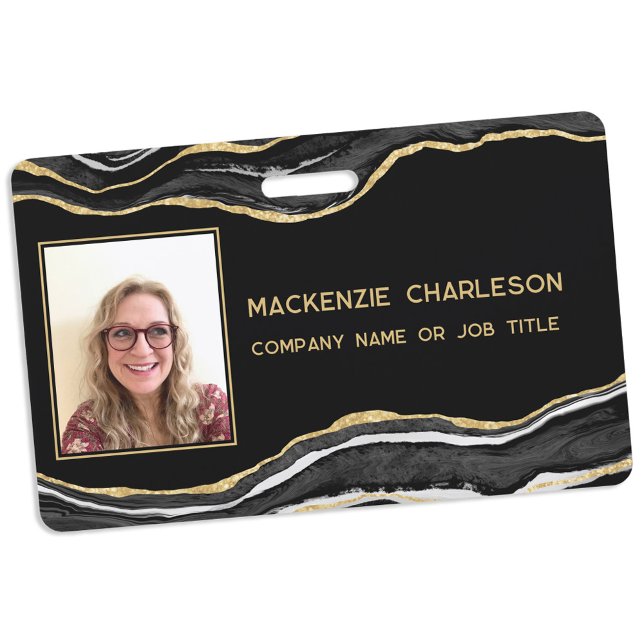 Black Marble Agate Geode Gold Business Photo Name ID Badge (Black agate marble geode gold effect business photo id name badge)