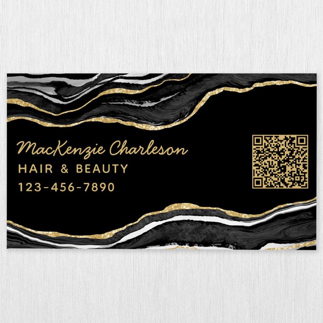 Black Marble Agate Geode Gold Glitter QR Code Magnetic Business Card (Black marble agate geode gold glitter effect modern script business card magnet with QR code)