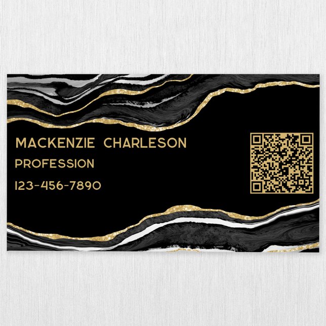 Black Marble Agate Geode Gold Glitter QR Code Magnetic Business Card (Black agate marble geode gold glitter effect QR code magnetic business card)