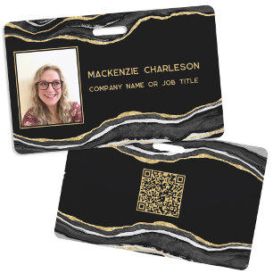 Black Marble Agate Geode QR Code Photo ID Name Badge