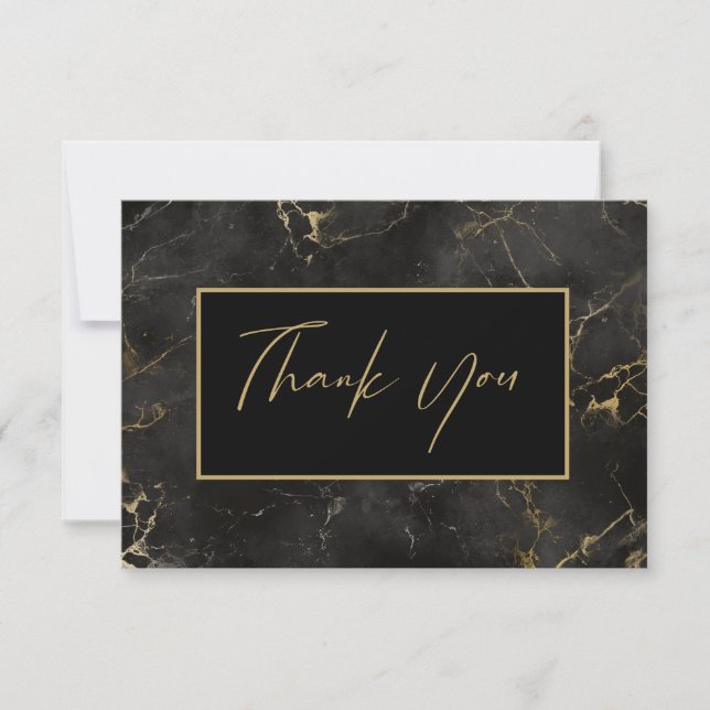 Black marble agate gold border thank you card (Front)