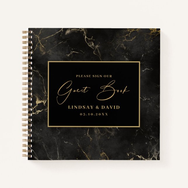 Black marble agate gold border Wedding Guest Book (Front)