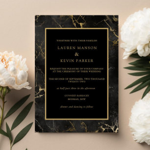 Black marble agate gold border wedding invitation