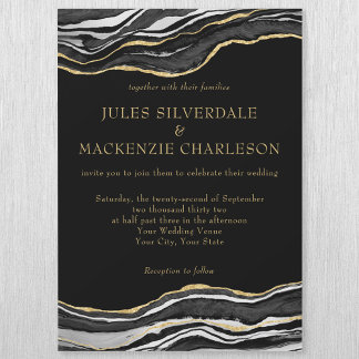 Black Marble Agate Gold Glitter Elegant Wedding Magnetic Invitation