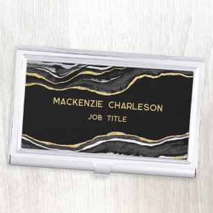 Black Marble Agate Gold Glitter Geode Business Card Holder