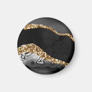 Black Marble Agate Gold Glitter Magnet