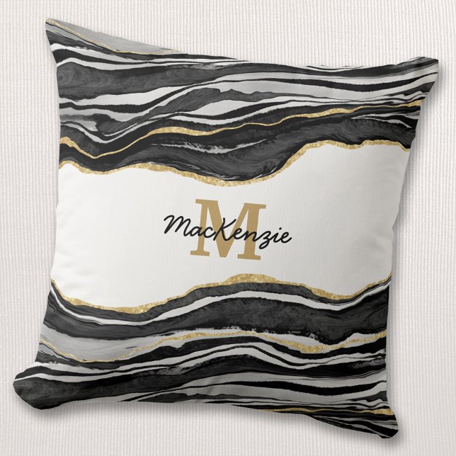 Black Marble Agate Gold Glitter Monogram Cushion (Creator Uploaded)