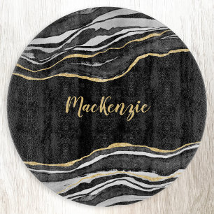 Black Marble Agate Gold Glitter Personalised Cutting Board
