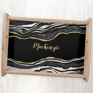 Black Marble Agate Gold Glitter Personalised Serving Tray
