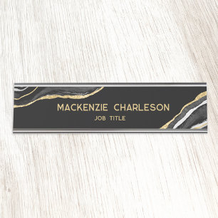 Black Marble Agate Gold Glitter Professional Desk Name Plate