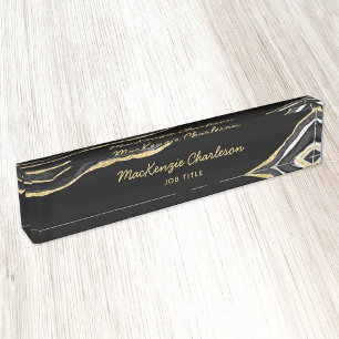 Black Marble Agate Gold Glitter Professional Nameplate