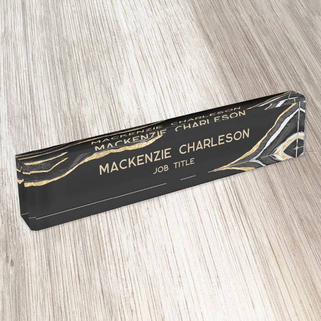 Black Marble Agate Gold Glitter Professional Nameplate (Black agate geode marble gold glitter effect business desk nameplate)