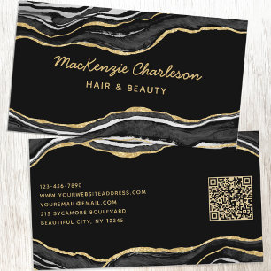Black Marble Agate Gold Glitter QR Code Business Card