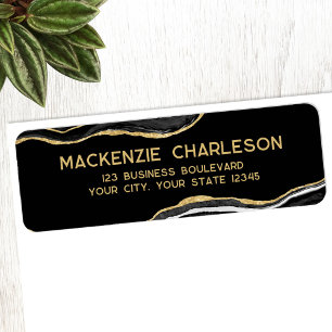 Black Marble Agate Gold Glitter Return Address