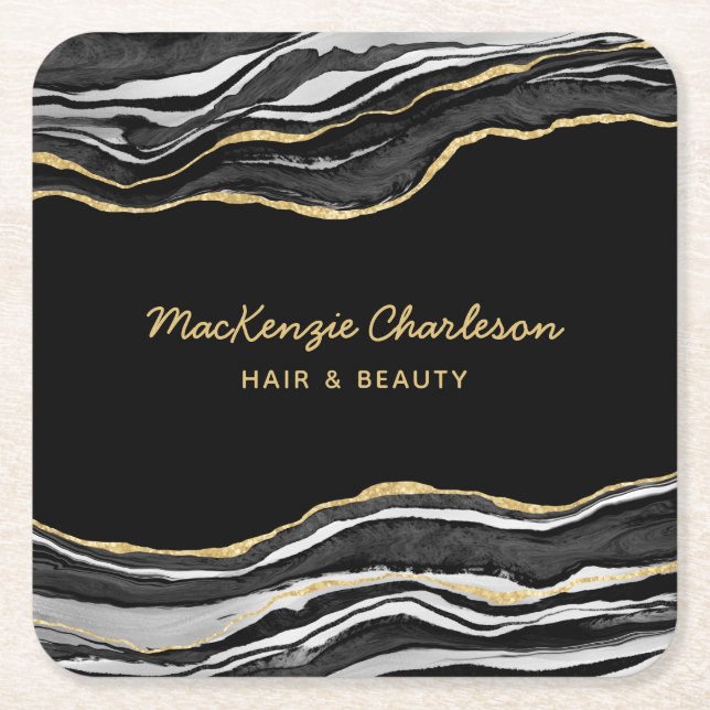 Black Marble Agate Gold Glitter Square Paper Coaster (Front)