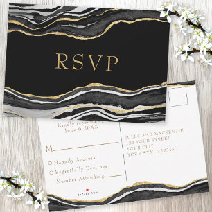 Black Marble Agate Gold Glitter Wedding RSVP Card