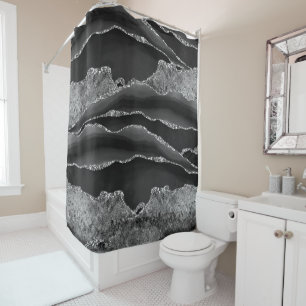BLACK MARBLE AGATE SILVER GLITTER GLAM SHOWER CURTAIN