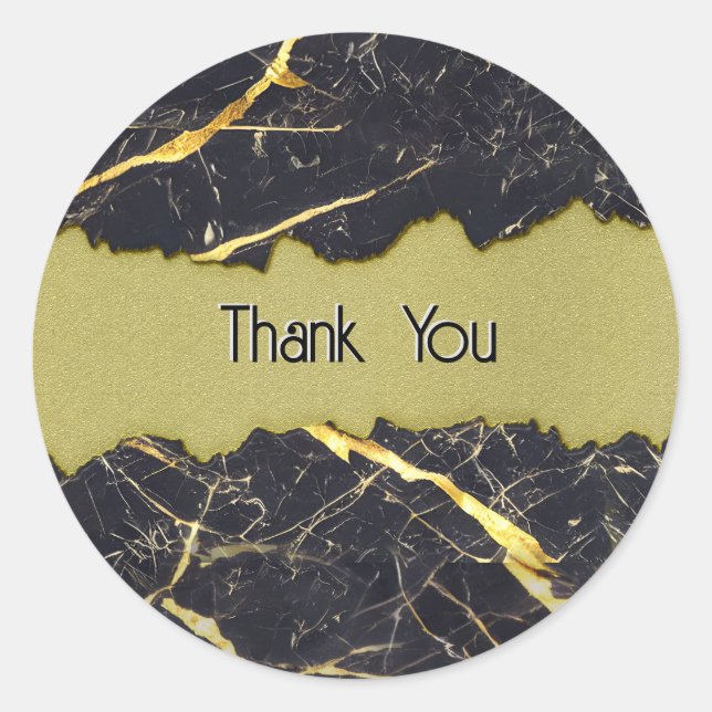 Black Marble and Faux Gold Thank You Classic Round Sticker (Front)