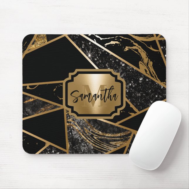Black Marble and Glitter Geometric Mosaic Mouse Mat (With Mouse)
