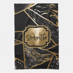 Black Marble and Glitter Geometric Mosaic Tea Towel