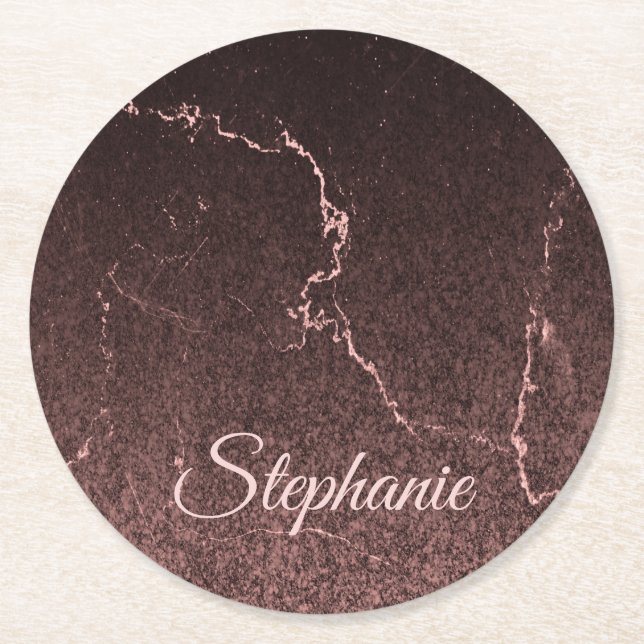 Black Marble and Glitter Round Paper Coaster (Front)