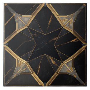 Black Marble and Gold Geometric Star Pattern Tile
