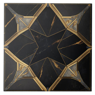 Black Marble and Gold Geometric Star Pattern Tile