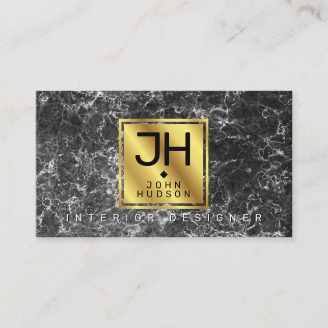 Black Marble and Gold Modern Monogram BC Business Card (Front)