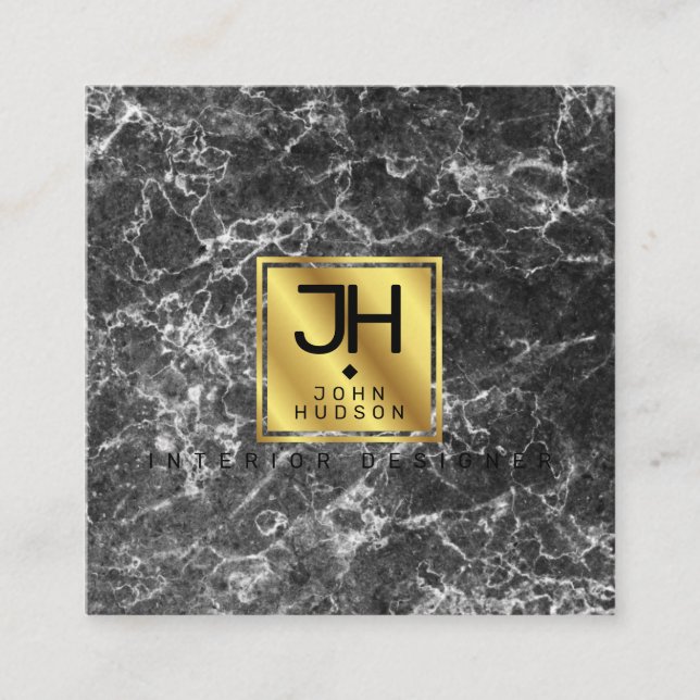 Black Marble and Gold Modern Monogram Square Busin Square Business Card (Front)