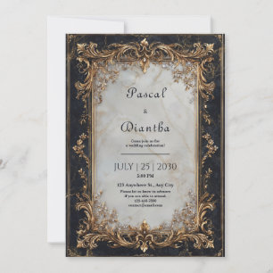 Black Marble and Gold Ornate Wedding  Invitation