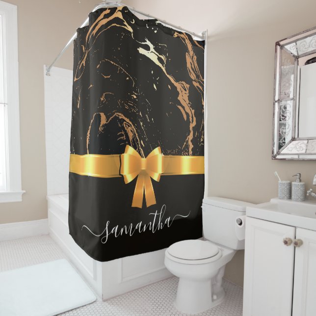 Black Marble and Ribbon Shower Curtain (In Situ)