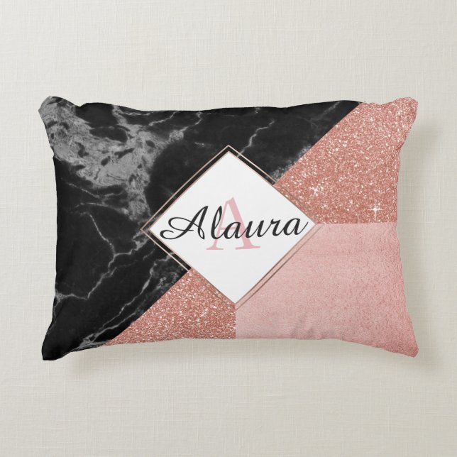 Black Marble and Rose Gold Accent Pillow (Front)
